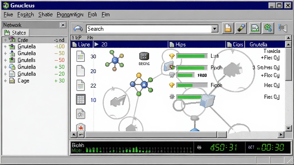 Gnucleus��������ȫòչʾ������Ϊ����P2P�ļ������ͻ��˴��ڣ����ְ��������˵����������������״̬��塢�����ļ������봫���б����ײ�������������Ű�����������ȷ�����Ϊ����Windows���䴰�ڽ��棬ϸ�ڰ���Gnutella����ڵ�ͼ�ꡢ�ļ�����ͼ�ꡢ��������������ͳ�����֣����ʸ���ɾ��޶���Ԫ��