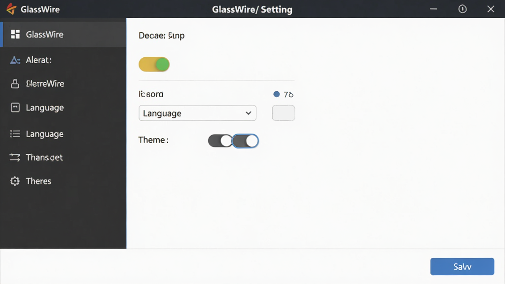 ����ΪGlassWire�������ý��棬����Ϊ���˵��Ҳ�ѡ����壬�Ű��϶���Ϊ����ײ�Ϊ���水ť�����Ϊ���ʵ�÷��ϸ�ڰ����������ء�����ѡ�������л�ѡ����ʸ���ɾ��޶���Ԫ��