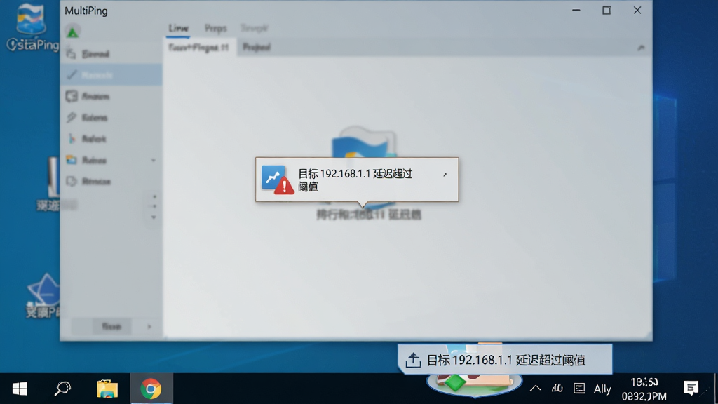 һ��չʾ MultiPing ������ϵͳ���������в������澯֪ͨ��ͼƬ���������½���Windows������������������ͼ���Ե���������ʾ��Ŀ�� 192.168.1.1 �ӳٳ�����ֵ�����������͸����ʾ�ڱ����У����岼��Ϊ���泡�������Ϊ��ʵ������ͼ���ϸ�ڰ�������ͼ�ꡢ֪ͨ���֡�ʱ����ʾ�������������ɾ�������