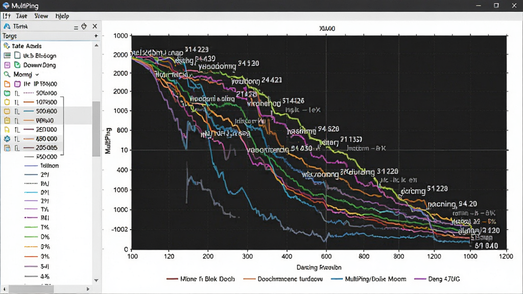 һ��չʾ MultiPing ����ͼ�λ��ӳ����ߵ�ͼƬ���������������������е�����ͼ���򣬶�����ɫ���������񱳾������죬�����Ա�ע�Ų�ͬ��IP��ַ��������ͼ���·���ͼ��˵�������岼��Ϊ���Ŀ���б����Ҳ��ͼ�������Ϊרҵ�����⹤�߽��棬ϸ�ڰ���������̶ȡ��ӳ���ֵ�������ʰٷֱȣ������������ɾ�������
