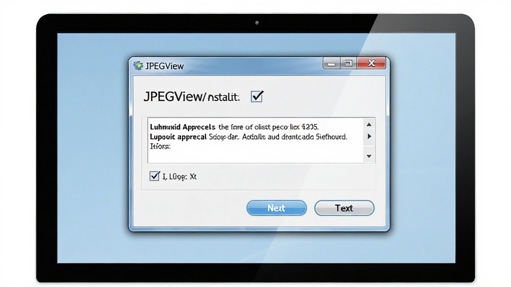 ��������ʾ��ͼ������Ϊ������Ļ��ʾ JPEGView ��װ�򵼽��棬����Ϊ���д��ڣ��Ű�����һ����ť������Э�鹴ѡ�򣬷��Ϊ��ˬ������װ����磬ϸ�ڰ����������С�JPEGView�����ֺ͹�ѡ��ǣ�����Ϊ���塢�ɾ����޶���Ԫ�ء�