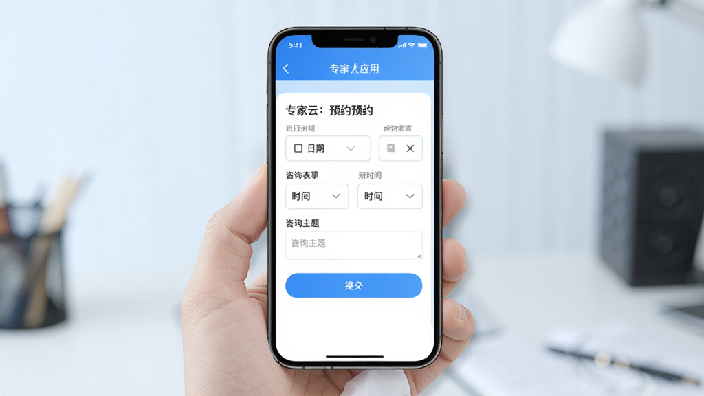 AI��ͼ����������Ϊ��ר���ơ�Ӧ���е�������ѯԤԼҳ�棬����������ԤԼ��������������ѡ��ʱ��ѡ�����ѯ����������·����ύ��ť������Ϊǳɫ���䣬���Ϊ�ִ������ƶ�����ƣ�ϸ�����������ʸ��壬�ɾ��޶���Ԫ��