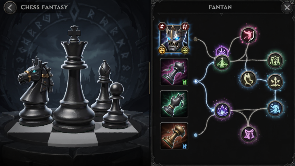 Chess FantasyӢ�����ɽ��棬�������������Ӣ�۵�3Dģ��չʾ���Ҳ���װ�������츳�������ֲ������ҷ����Ű棬���Ϊ����ħ��UI�磬ϸ����װ��ͼ�����Ʒ�ʹ�Ч���츳�ڵ������߷��⣬���ʸ��壬�ɾ����޶���Ԫ��