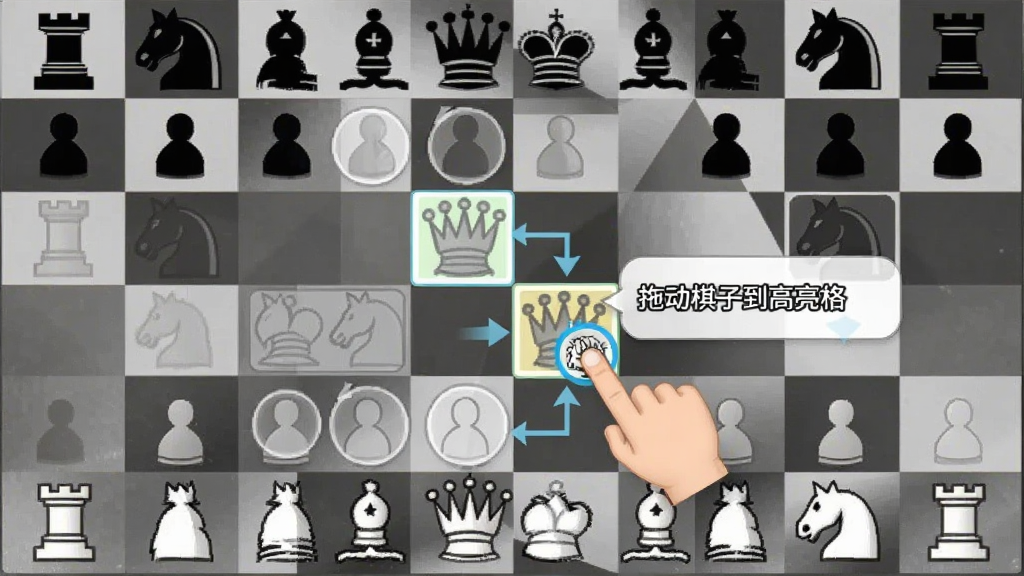 Chess Fantasy���ֽ�ѧ�ؿ���ͼ������չʾ�����ϸ����ƶ�������ק������ʾ������Ϊ�ֻ����������ӽǣ����Ϊ����ѧUI�磬ϸ�ڰ�����ָ����ͼ�ꡢ��ͷ����������������