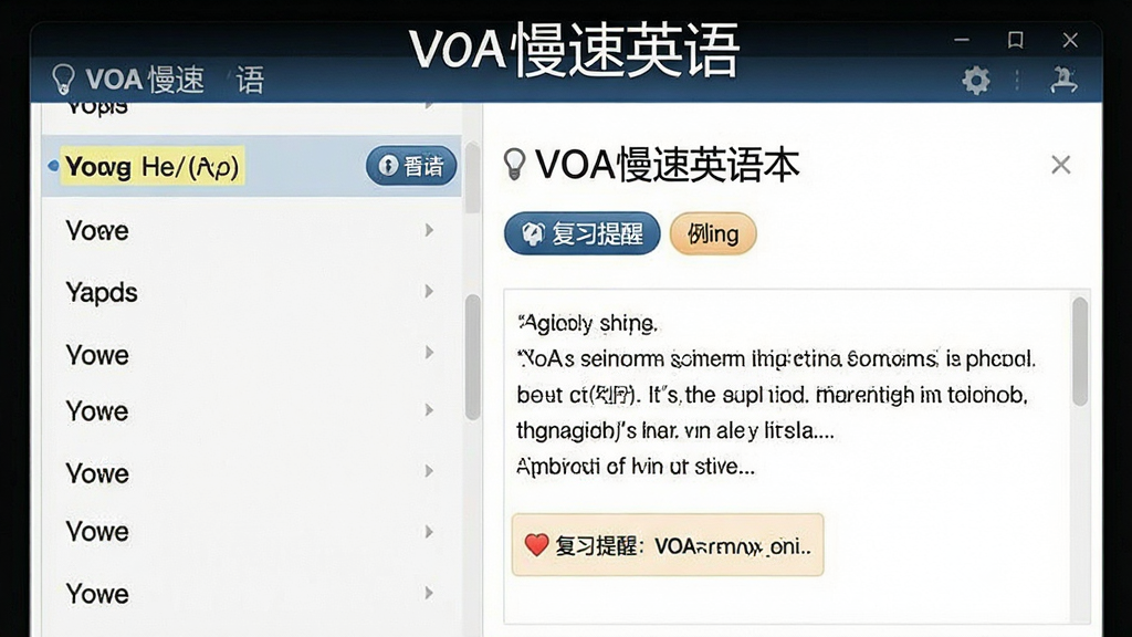 һ��չʾVOA����Ӣ�����ʱ����ܵ�ͼƬ������Ϊ�������棬����Ϊ��൥���б����Ҳ൥������������չʾ���Ű����������Ϊѧϰ������Ӧ�÷��ϸ�ڰ������ʸ�����������ť�������ı�����ϰ����ͼ�꣬�����д��С�VOA����Ӣ����ֱ�ʶ�����ʸ��壬�ɾ����޶���Ԫ��