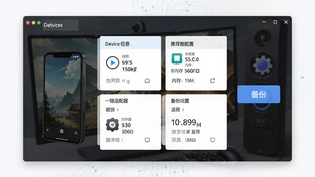 һ��չʾ��Ϸ��������һ�������뱸�ݹ��ܵ�ͼƬ����������������������ʾ�豸��Ϣ���Ƽ����ã��Ա��б��ݰ�ť������Ϊ��Ƭʽ���Ű��࣬���Ϊ��ƽ����ƣ�ϸ�ڰ����ֻ��ͺš����������ڴ�Ȳ��������ʸ��壬�ɾ����޶���Ԫ��