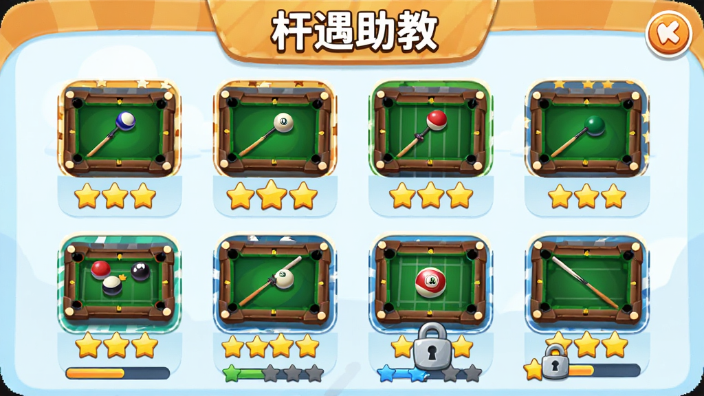 ��������ѵ���ؿ�ѡ����棬��Ļ�����ж��̨��ѵ���ؿ�ͼ�꣬ÿ��ͼ���·���ʾ�������֣������С��������̡����⣬����Ϊ����״�������Ϸ�����·磬ϸ�ڰ�������ͼ����������������������ɾ��޶���Ԫ��