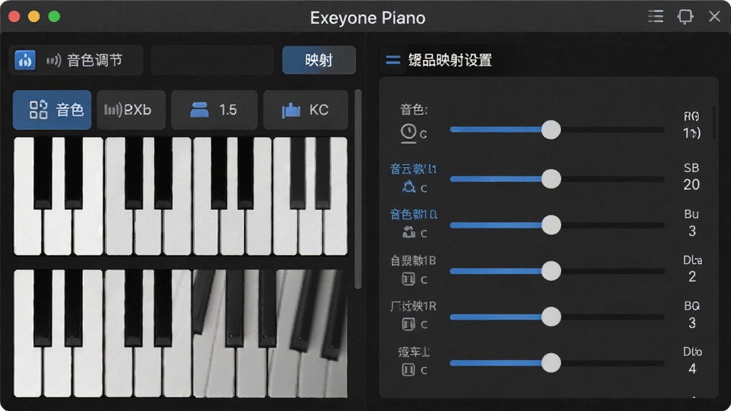 Exeyone Piano��������չʾͼ������Ϊ������������ɫ���������ӳ��������壬����Ϊ���ҷ����������ʾ�ټ�ӳ���б����Ҳ���ʾ��ɫ�������飬�Ű��������������Ϊ��ƽ�������ƣ�ϸ�ڰ�����ťͼ�ꡢ������ֵ������ѡ��״̬����������������ɾ����޶���Ԫ��