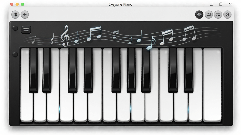 һ��չʾ����������������ͼƬ������ΪExeyone Piano�������ڣ���������ڷ���һ�ܺڰ׼�������������ټ��̣��ټ��Ϸ�������������װ������������Ϊ�������������ʾ���������иɾ����ף��Ű���ú���ͼ�����Ϊ�ִ���Լ�Ƽ��У�ϸ�ڰ����ټ��߹⡢�����Ӱ�����水ť�����ɼ������ʸ��壬����ɾ����޶���Ԫ��