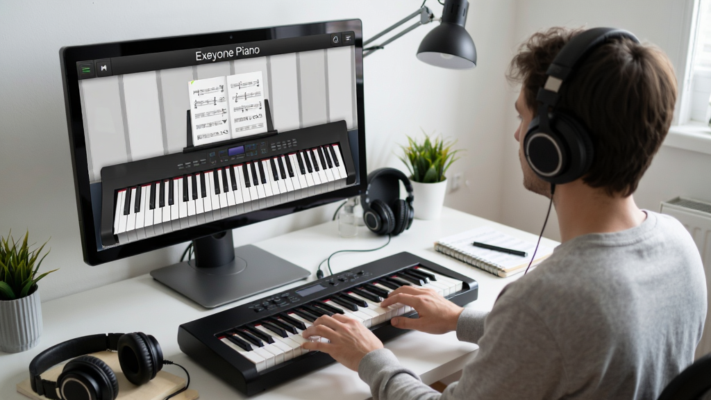 Exeyone Pianoʹ�ó���ͼ������Ϊ������ǰ�û�ʹ�����������������Ļ��棬����Ϊ�������ӽǣ���Ļ��ʾExeyone Piano���棬�Ű���Ȼ�����Ϊдʵ�����ϸ�ڰ������̡�������������Ʒ����������������ɾ����޶���Ԫ��