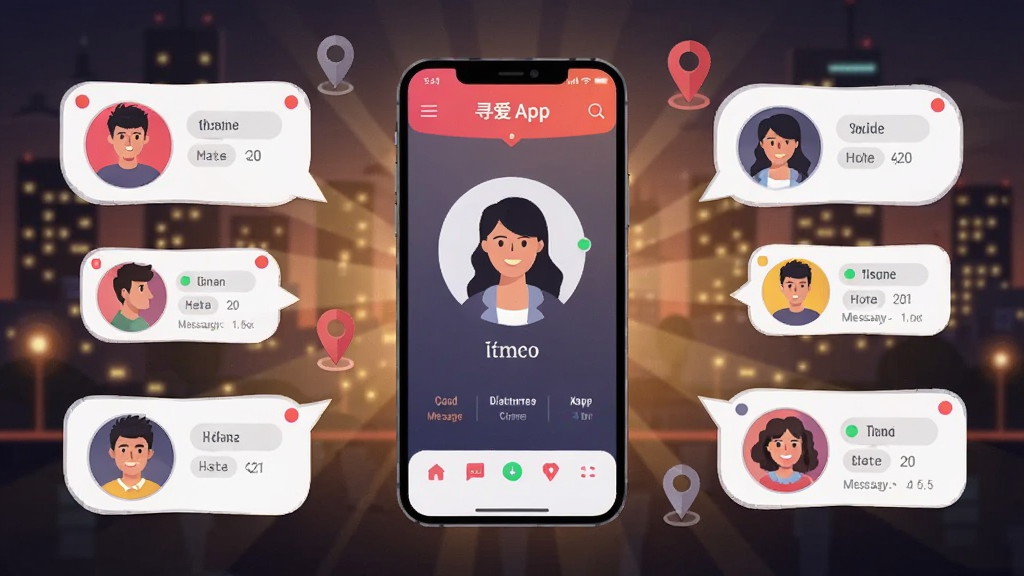 ��������һ�������ֻ���Ļ������ʾ����Ѱ��APP�Ľ���ƥ����棬��Χ�����Ŷ���û�ͷ�������붨λͼ�꣬�����ǳ���ҹ����ůɫ���ƹ⣬���ֲ������ľ۽�����״�����Ϊ�ִ���ƽ���Ƽ��У�ϸ�ڰ�����Ϣ��ʾ��㡢�����ǩ������״̬СԲ�㣬���������ɾ����޶���Ԫ��