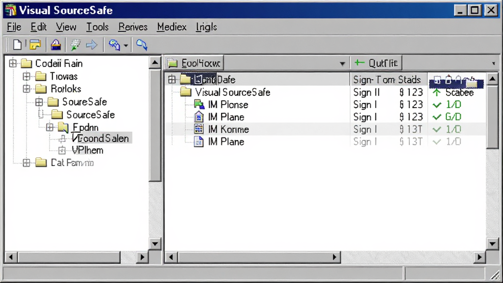 Visual SourceSafe �����������ͼ��������������Ŀ��Դ���������ڣ������ʾ�ļ�����״�ṹ���Ҳ��г��ļ��б���ǩ��ǩ��״̬�������˵������� File��Edit��View��Tools ��ѡ�����Ϊ���� Windows ��ɫ�������岼�ָɾ����࣬�������� ��Visual SourceSafe�� ��ʾ�ڱ����������Ϊдʵ������ͼ�������������޶���Ԫ��