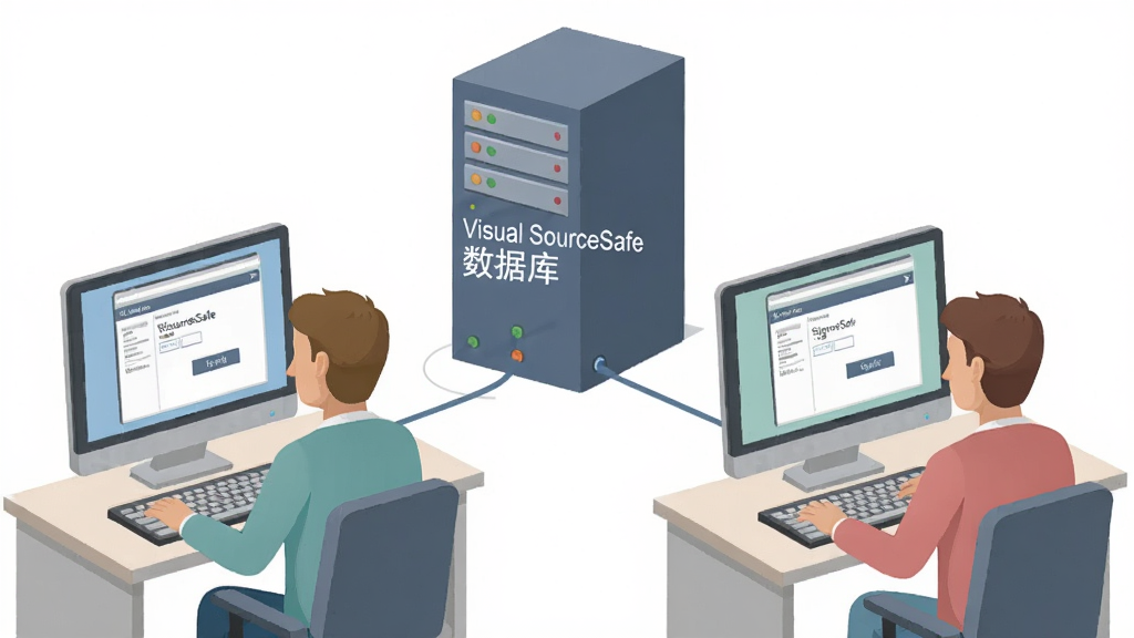 Visual SourceSafe ����Э������ʾ��ͼ����������λ����Ա�ֱ����ڵ���ǰ��ͨ�����������ӵ������������������ͼ���ϱ�ע ��Visual SourceSafe ���ݿ⡱��ÿ����Ļ��ʾǩ��ǩ���������棬���Ϊ��ƽ���廭��ɫ����ͣ��������������ʸɾ����޶���װ��