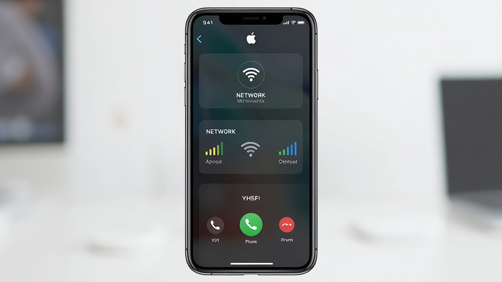 һ��չʾApple����绰���������ͼƬ������Ϊһ��iPhone�ֻ���Ļ��ʾͨ���������ý��棬���־��У��Ű����������Ϊ�ִ��Ƽ���Լ�磬ϸ�ڰ����ź�ͼ�ꡢWi-Fi��־��ͨ����ť��Ԫ�أ����ʸ��壬�ɾ����޶���Ԫ��