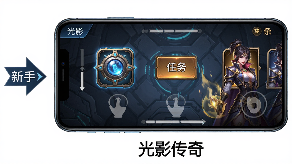 画面主体是一部智能手机屏幕显示光影传奇游戏主界面,界面中有召唤器图标、任务按钮与角色立绘,布局采用手机正面展示,手机下方有“光影传奇”的文字标识,排版上画面左侧有新手引导箭头,风格为游戏UI展示风,细节包括屏幕的触控手势提示、角色立绘的光影效果、背景的科技纹理,画质高清,干净,无多余元素
