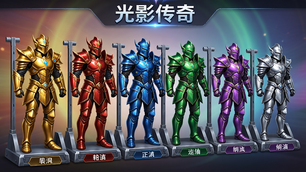 画面主体是六套不同颜色的铠甲整齐排列在展示架上,铠甲分别为金、红、蓝、绿、紫、银六色,布局采用横向排列,每套铠甲下方有对应的名称标签,排版上画面顶部有“光影传奇”标题,风格为游戏装备展示界面风,细节包括铠甲表面的光泽、展示架的金属质感、背景的渐变光晕,画质高清,干净,无多余元素
