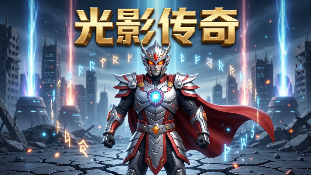 画面主体是一位身穿银红相间铠甲的英雄战士,背景是充满未来感的城市废墟与能量光柱,布局采用中心对称构图,英雄位于画面正中央,四周环绕着漂浮的光影符文与粒子特效,排版上游戏名称“光影传奇”以金色立体字置于画面顶部,风格为东方科幻特摄风,细节包括铠甲金属纹理、能量核心发光、披风飘动、地面裂纹,画质高清,干净,无多余元素