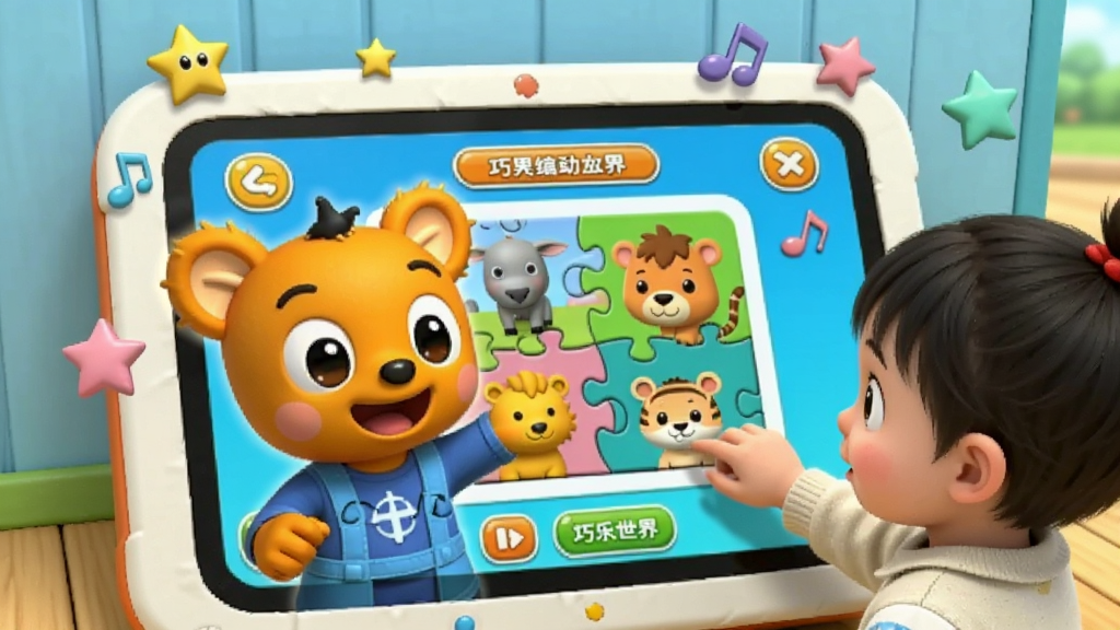 �ɻ��ͷ����绥��ѧϰ�������ɻ���С����һ���ڴ�����ǰ��ƴͼ��Ϸ����Ļ����ʾ����ƴͼ�飬��Χ�����Ǻ�����Ʈ��������Ϊǰ�������뱳����Ļ�Ĳ�θУ����Ϊ������ͨ��Ⱦ��ϸ�ڱ�����Ļ�ϵ�UIԪ�أ���������������ɾ�����