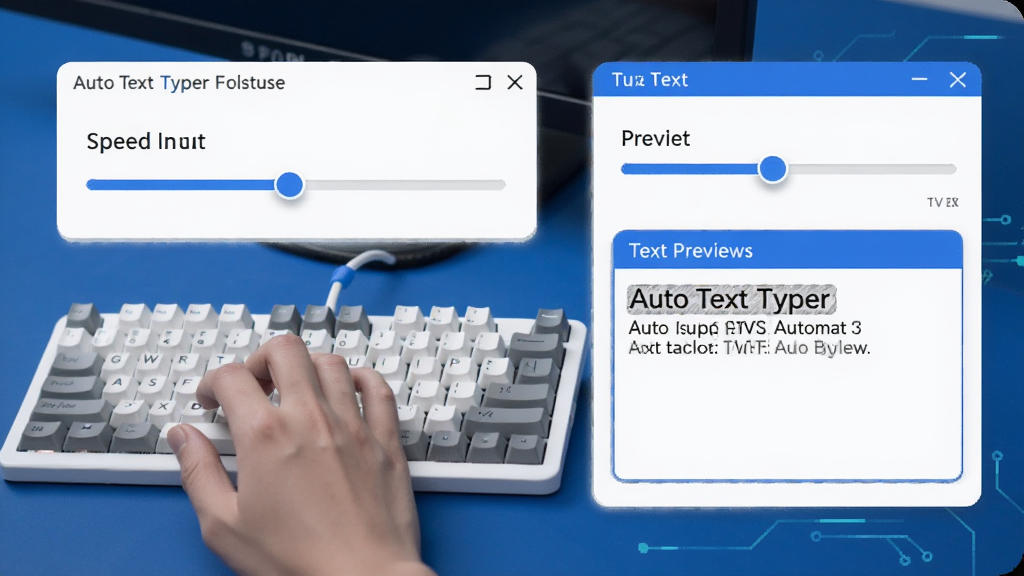 һ��չʾAuto Text Typer�Զ����빦�ܵ�ʾ��ͼ��������һֻ�����ڼ����ϴ��֣��Ա���ʾ�����������ٶȵ��ڻ�����ı�Ԥ���򣬻������ִ��Ƽ��У�ɫ������ɫ�Ͱ�ɫΪ���������������ɾ�����