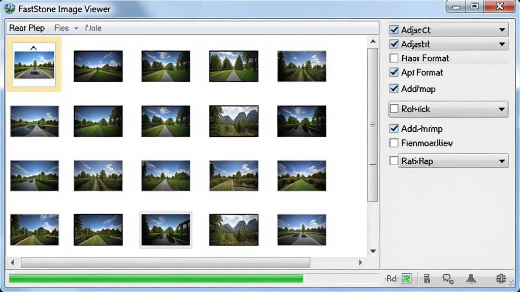 FastStone Image Viewer �����������ڽ�ͼ����������ʾһ���ļ��б���������ͼƬ����ͼ���Ҳ�������年ѡ�˵����ߴ硢ת����ʽ������ˮӡ��ѡ��ײ��н�������ʾ�������ȣ����岼�ֽ��գ�����һĿ��Ȼ