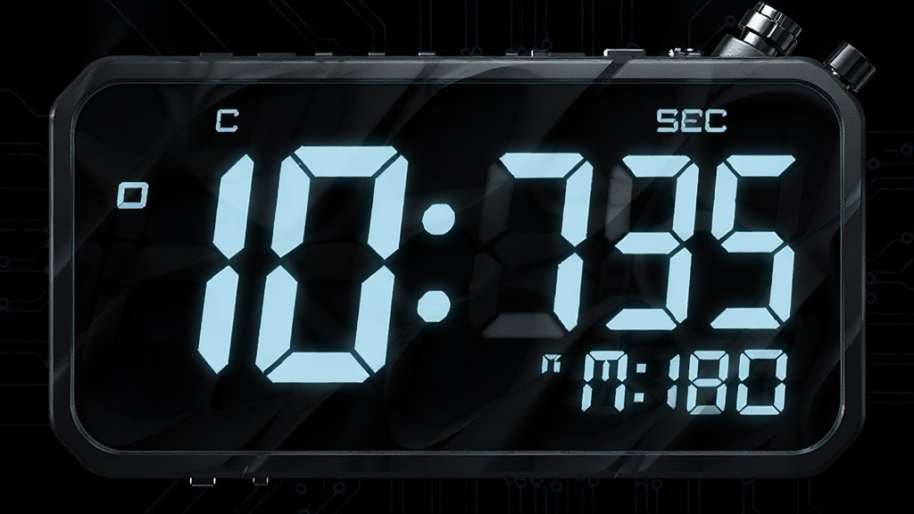 һ��չʾ���(stopwatch)���뼶��׼��ʱ���ܵ�AI��ͼ������������һ���޴�����ּ�ʱ����Ļ����Ļ����ʾ�ŷ��ӡ���ͺ�������֣����ַ�������ɫ��â������Ϊ���ɫ����Χ��΢���ĵ�·����װ�Σ����Ƽ���ʮ�㣬ϸ�����������ʸ��壬�ɾ��޶���Ԫ��