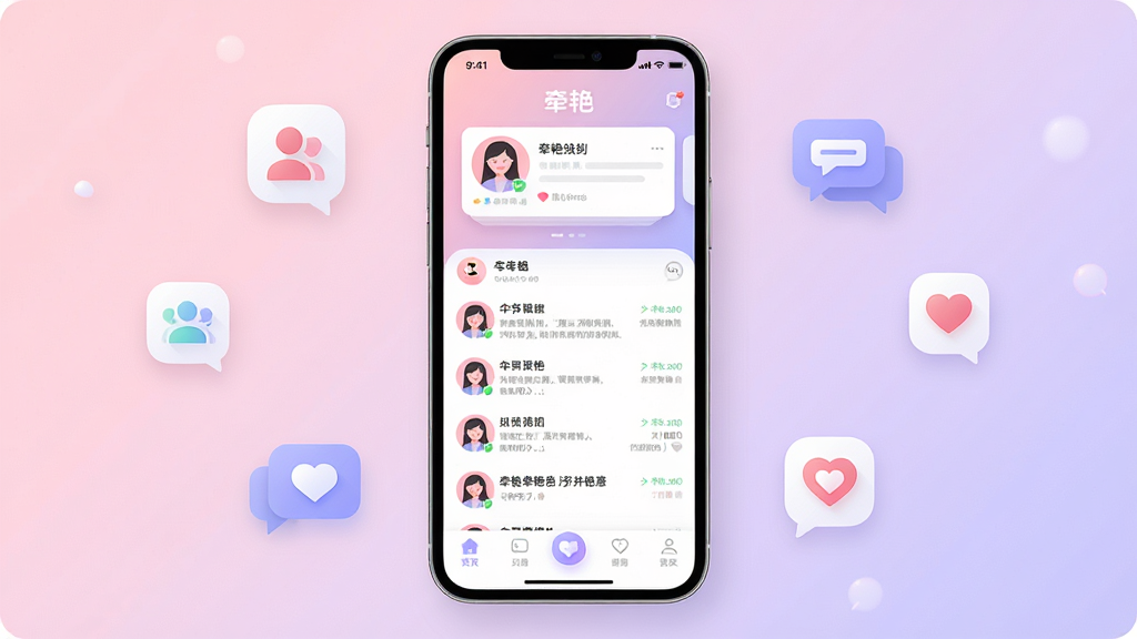 �ֻ���Ļ����չʾ��ǣ�ޡ�App�����棬��������͵�ǳ��ɫ�뵭��ɫ���䣬��������ͷ��Ƭ�������б��͵ײ�����������Χ�����ż��Ľ���ͼ��ͶԻ����ݣ������������ִ�������Ϊ�����ֻ�չʾ��ϸ�ڰ���Բ��ͼ�ꡢ�����Ӱ���������֡�ǣ�ޡ������ʸ��壬�ɾ����޶���Ԫ��
