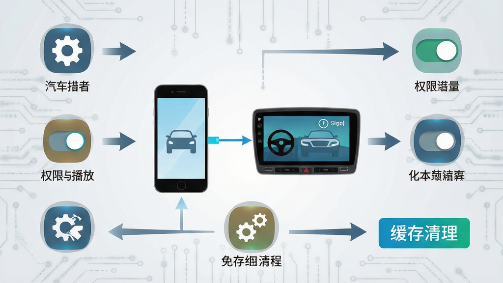 汽车音乐播放免费使用教程示意图,画面中央为手机与车机连接示意图,周围分布设置图标、权限开关、缓存清理按钮等元素,背景为浅灰色科技纹理,布局采用流程图形式,风格扁平化设计,细节包括箭头指引、图标高亮、文字标注清晰,画质干净无多余元素