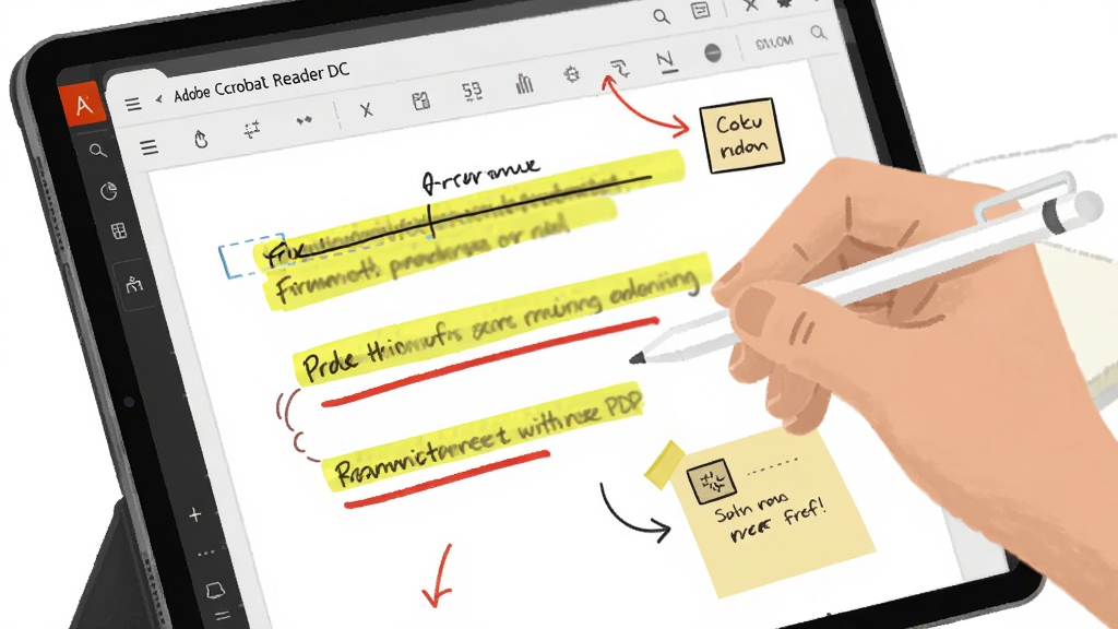 һ��չʾ PDF ��ע���ܵ�ͼƬ������Ϊһ���û���ƽ������ǰʹ�� Adobe Acrobat Reader DC ���ĵ����и��������ӱ�ǩ�����ֲ��ý�����д���Ű���ͻ����д������Ļ�ϵĲ�ɫ��ע�����Ϊ����ѧϰ�磬ϸ������Ļ����ʾ��ɫ��������ɫ�»��ߺͱ�ǩͼ�꣬�����������ɾ����޶���Ԫ�ء�