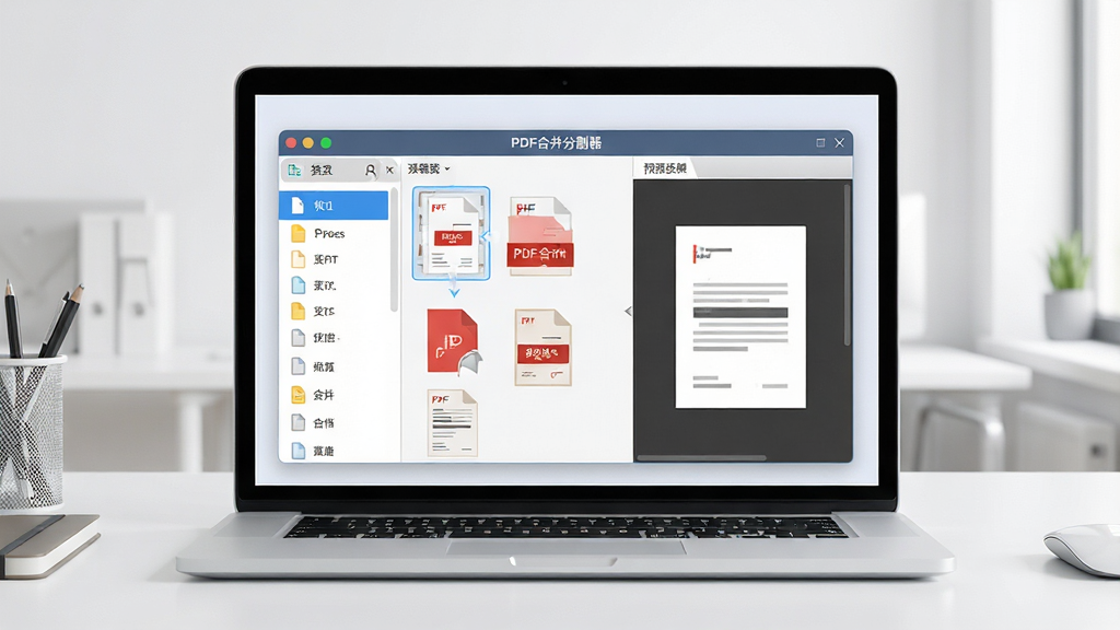 һ��չ��PDF�ϲ��ָ������������ͼƬ������������һ̨�򿪵ıʼǱ����ԣ���Ļ������ʾ����Ϊ��PDF�ϲ��ָ��������������ڣ���������������Ŀ�Ĺ�������������ļ��б������Ҳ���ҳ��Ԥ��������Ļ������ʾ�Ŷ��PDF�ļ�����ק�ϲ��Ĺ��̣����ּ��Գƣ�������ִ��ı�ƽ���Ƽ��磬ϸ��������ͼ�������ɼ��������Ǹɾ�����İ칫���棬���ʸ��壬����ɾ����޶���Ԫ�ء�