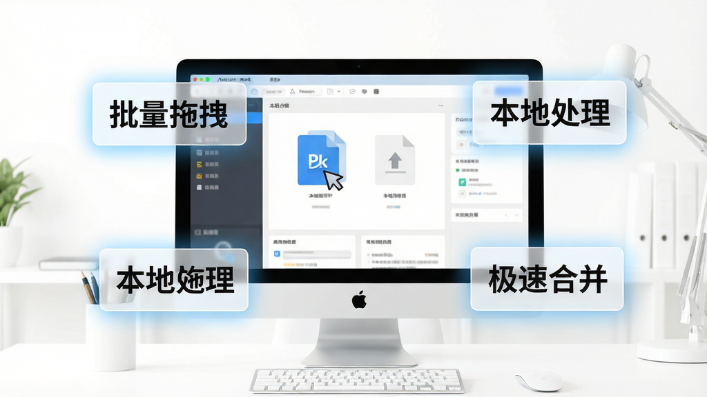 һ��չʾPDF�ϲ��ָ���ʹ�ü��ɵ�AI��ͼ������������һ̨������Ļ����ʾ�������棬�Ա�Ư���ż�����͸������ʾ�򣬷ֱ�д�š�������ק���������ش������������ٺϲ��������������ֲ������ķ���ʽ��ͼ������Ǽ��ı�ƽ����Ϣͼ���磬ϸ������ʾ����е���ɫ�Ĺ��Σ������Ǵ���ɫ�İ칫��������������������ɾ����޶���Ԫ�ء�
