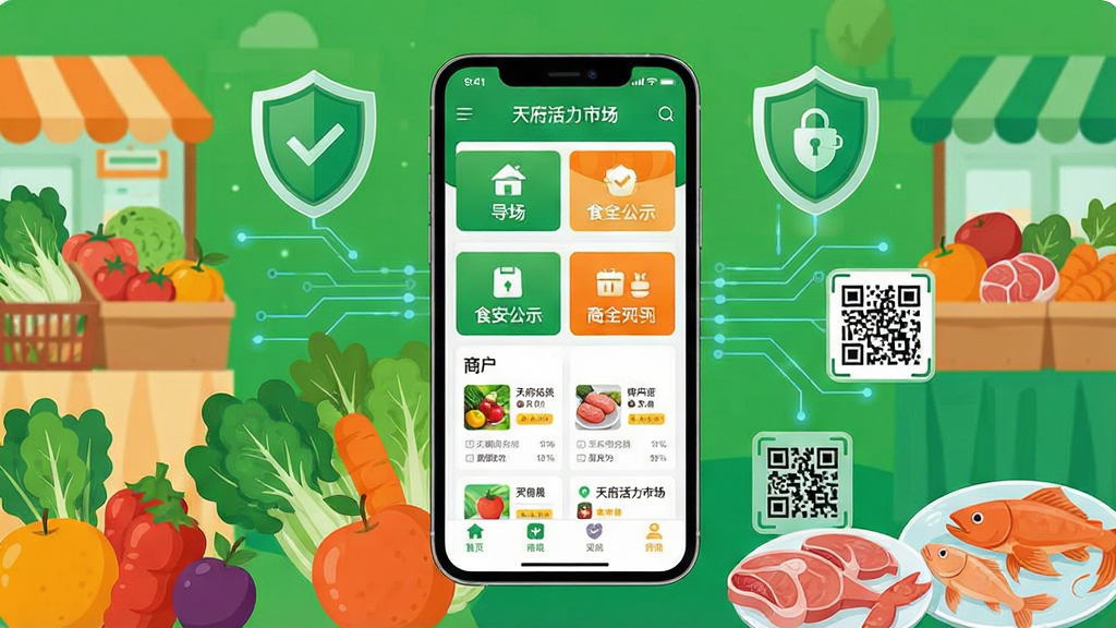 һ��չʾ�츮�����г�APP��ҳȫò�Ĳ廭������������һ�������ֻ�����Ļ��ʾ�츮�����г�Ӧ�ý��棬��������г�������ʳ����ʾ���̻��б���ģ�飻�ֻ���Χ���������ʵ��߲�ˮ�������ຣ�ʵ�ũ��ƷԪ�أ��Լ��������ݰ�ȫ�Ķ���ͼ��ʹ������֧���Ķ�ά��ͼ�ꣻ���岼�ֲ������ַ���ͼ���ֻ����У���������ֱ��׺�г�����Ԫ�غ����ֻ��Ƽ����������Ϊ��ƽ��ʸ���廭��ɫ����������ɫ�ͳ�ɫΪ��������ɾ����࣬�޶�������Ԫ�أ����ʸ��壬����������ʾ���츮�����г���������