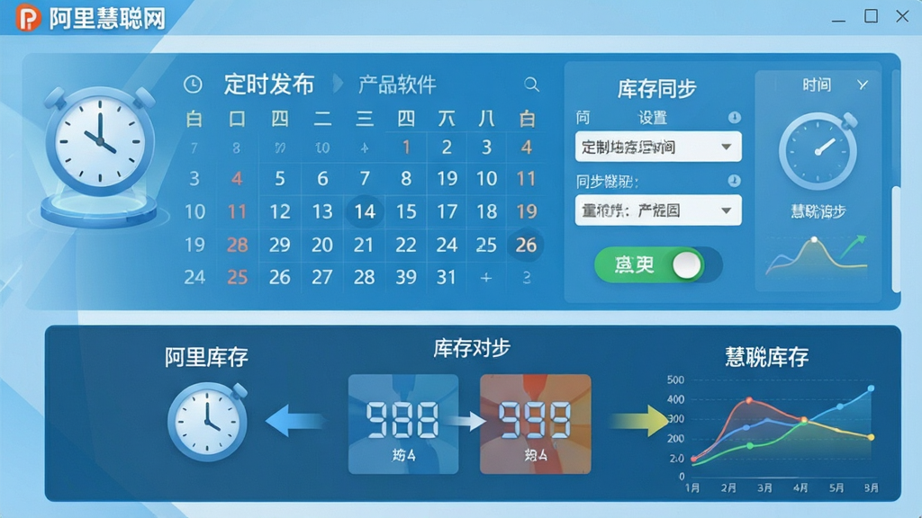 阿里慧聪网批量复制发布产品软件定时发布与库存同步界面,画面中央为日历和时间设置面板,下方为库存数字对比图表,左侧阿里库存与右侧慧聪库存通过箭头连接,风格科技感浅蓝色调,细节包含时钟图标、同步开关按钮、数据曲线,画质清晰,干净无多余元素,图中文字“定时发布”“库存同步”