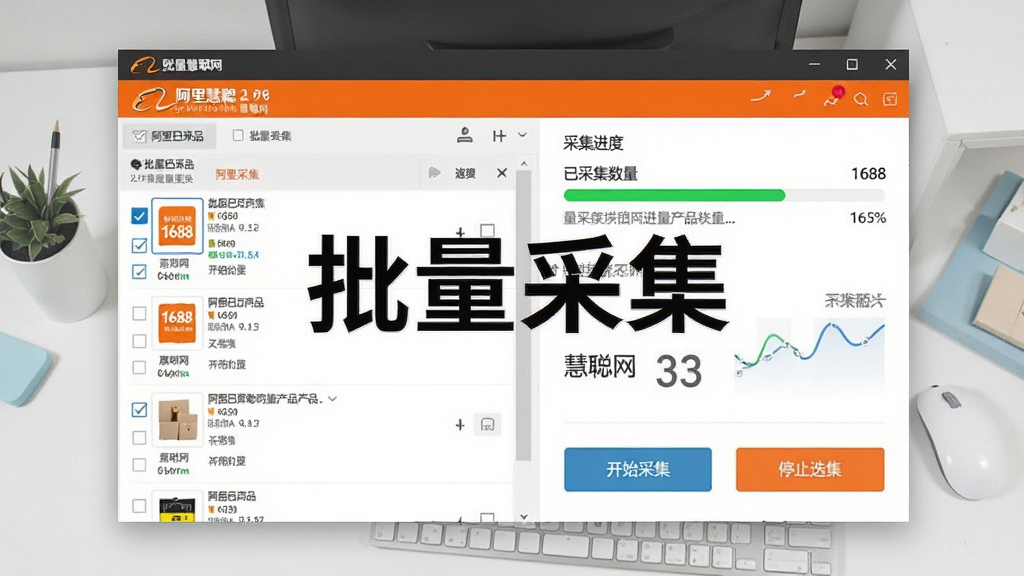 阿里慧聪网批量复制发布产品软件批量采集功能展示,画面中央为软件界面截图,左侧显示阿里巴巴商品列表被勾选,右侧显示采集进度条和已采集数量,界面下方有“开始采集”“停止采集”按钮,背景为浅灰色办公桌面,风格简洁商务,细节包含复选框、商品缩略图、数据统计数字,画质清晰,干净无多余元素,图中文字“批量采集”“1688”“慧聪网”