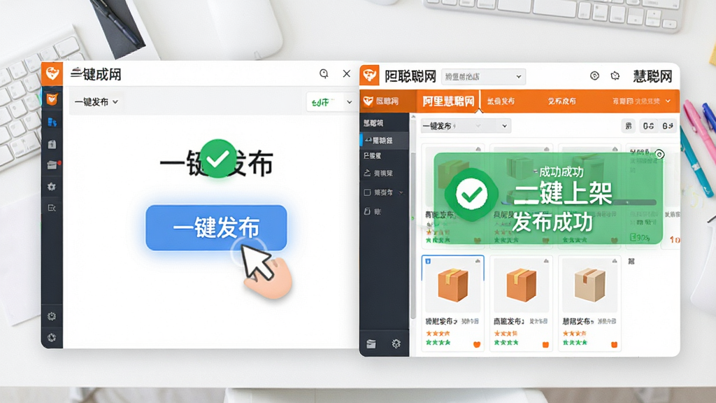 阿里慧聪网批量复制发布产品软件一键发布功能示意图,画面展示软件界面中“一键发布”按钮被高亮点击,右侧慧聪网店铺后台显示商品成功上架提示,背景为白色工作台,风格现代简约,细节包含发布成功对勾图标、商品卡片、进度百分比,画质高清,干净无多余元素,图中文字“一键发布”“发布成功”