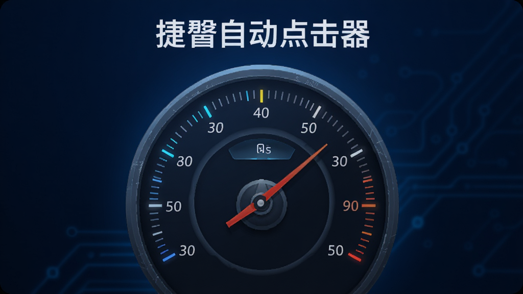 画面展示一个圆形仪表盘样式的频率调节界面,指针指向中间位置,周围有毫秒和秒的刻度标识,捷自动点击器文字位于界面顶部,背景为深蓝色渐变,风格科技感强,排版居中,画质高清,干净无多余元素
