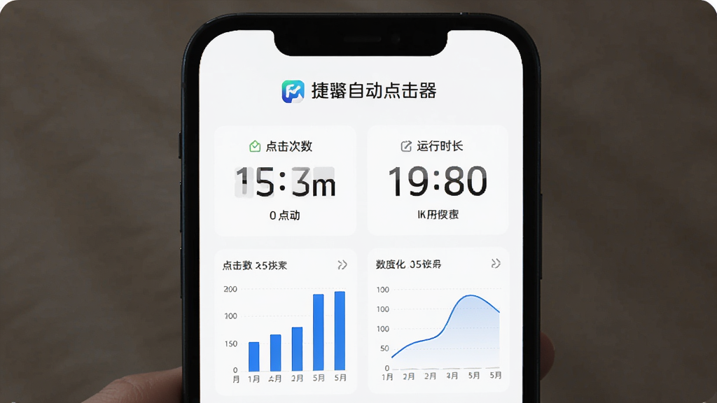 手机屏幕显示数据统计面板,面板上有数字计数器显示点击次数和运行时长,旁边有柱状图和曲线图展示数据变化,捷自动点击器标识位于面板顶部,背景为白色简洁风格,排版上下结构,画质高清,干净无多余元素