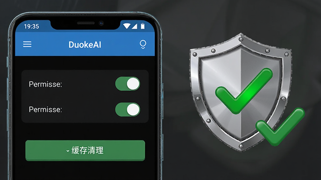 ������һ����׿�ֻ���Ļ��ʾ��DuokeAI�������ý��棬��������Ȩ�޿��غͻ���������ť���ֻ��Ա���һ������ͼ���һ����ѡ��ǣ�����Ϊ����ֻ��Ҳ�ͼ�ꣻ�Ű����������Ϊ��ȫ�������⣻ϸ���϶����н������󣬹�ѡ���Ϊ��ɫ�����ʸ��壬������࣬�޶���Ԫ��