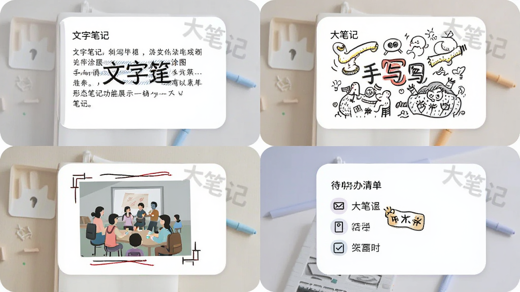 大笔记多形态笔记功能展示,画面分为四个区域,分别展示文字笔记、手写涂鸦、图片标注和待办清单,每个区域用圆角卡片呈现,卡片上带有“大笔记”字样水印,整体布局整齐,风格扁平化,色彩柔和,画质清晰,干净,无多余元素