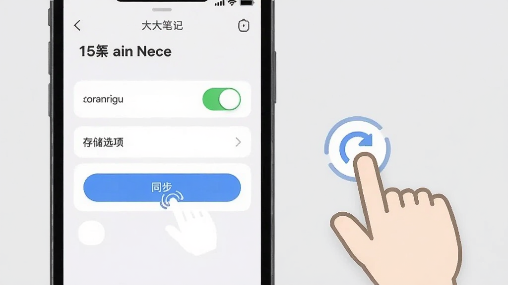 大笔记移动端使用操作示意图,画面展示手机屏幕内大笔记设置界面,包含权限开关、存储选项、同步按钮等,旁边有手指点击图标,背景为浅灰色,风格简洁明了,布局清晰,画质干净,无多余元素