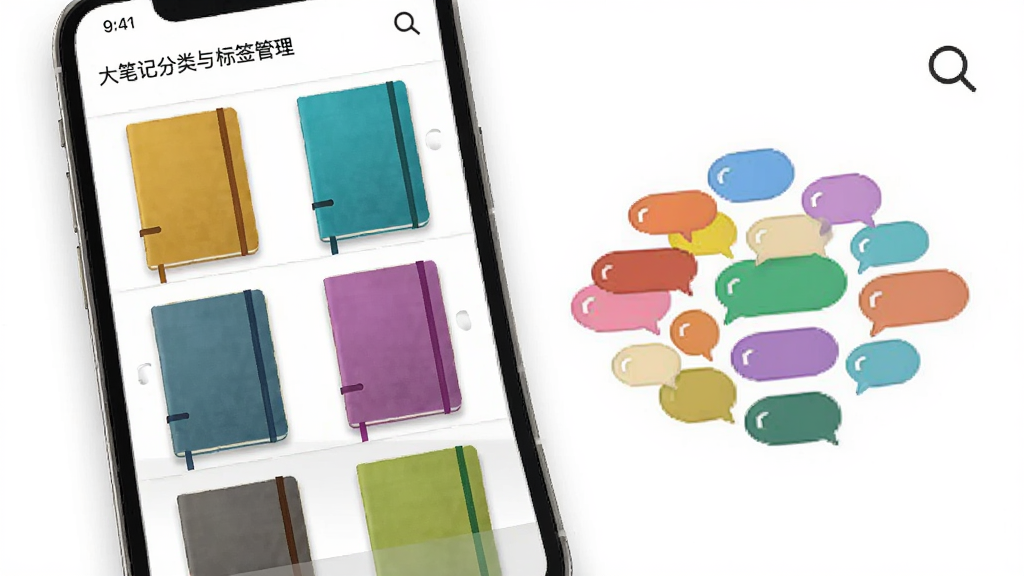 大笔记智能分类与标签管理界面,画面展示手机屏幕内笔记本列表和标签云,笔记本用不同颜色封面区分,标签以彩色气泡形式排列,旁边有搜索放大镜图标,背景为白色,风格简约商务,布局清晰,画质干净,无多余元素
