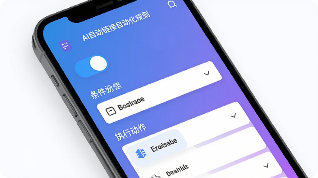 AI自动链接自动化规则设置界面图,手机屏幕展示规则配置面板,包含开关按钮、条件选择器和执行动作列表,界面风格扁平化,配色以蓝紫渐变为主,背景干净,图标简洁,高清画质,无多余装饰