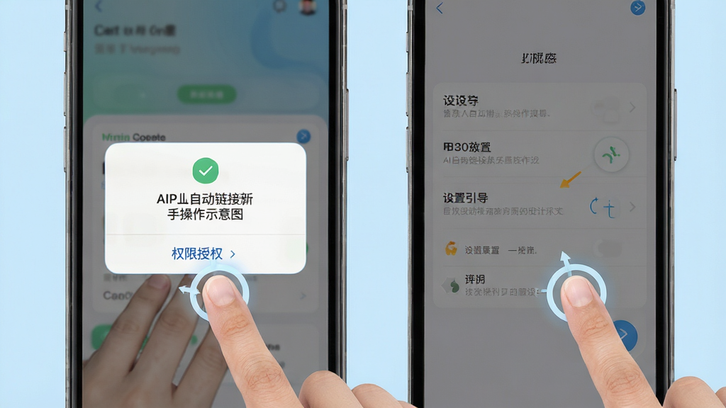 AI自动链接新手操作示意图,手机屏幕展示权限授权弹窗与设置引导步骤,画面中有手指点击的示意,界面简洁,配色清新,背景为浅蓝色,高清画质,排版清晰,无多余元素