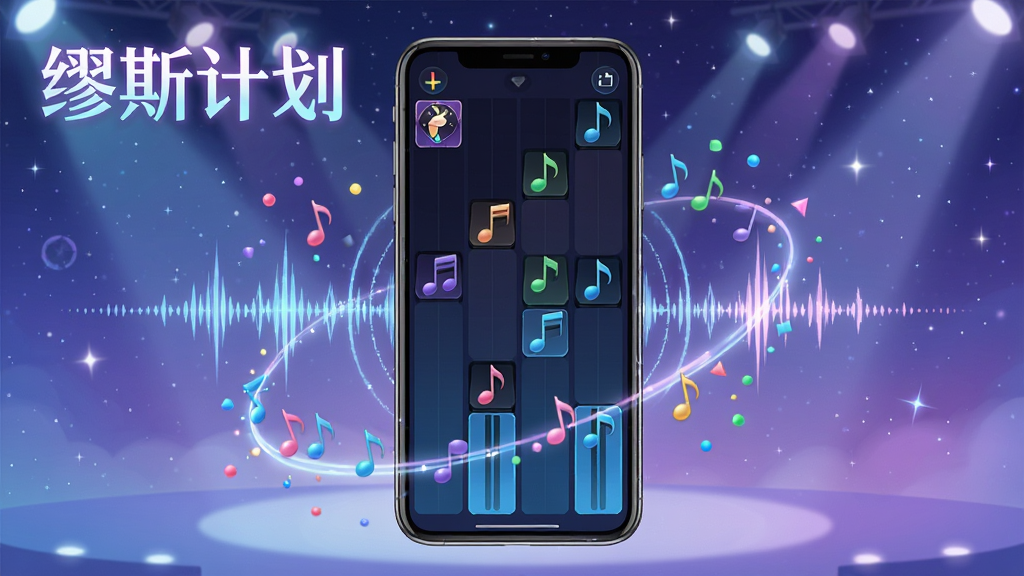 一张以二次元音乐节奏手游为主题的竖版宣传图,画面中央放置一部智能手机,手机屏幕上显示缪斯计划的经典下落式音符轨道界面,周围环绕着五颜六色的音符粒子和声波光效,背景是梦幻的星空舞台与聚光灯,画面左上角有发光文字