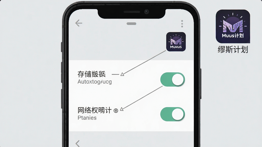 一张手机游戏安装设置界面的示意图,画面展示安卓手机屏幕上的权限管理页面,标注了存储权限和网络权限的开关按钮,旁边有缪斯计划的图标和