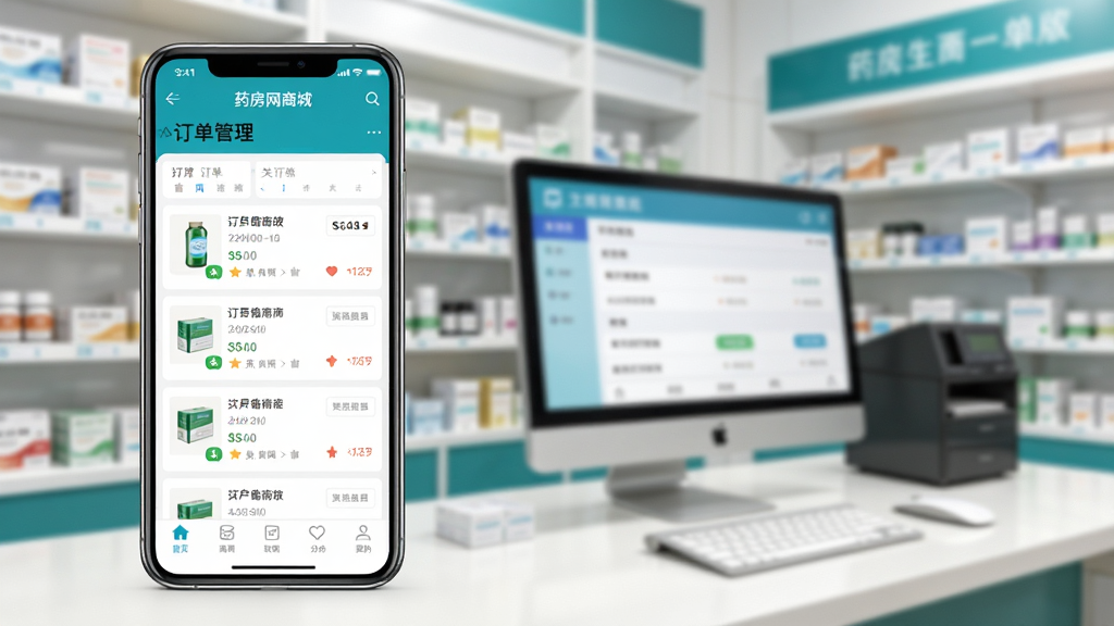 药房网商城商家版软件主界面展示,画面中央是一部智能手机,屏幕上显示药房网商城商家版APP的订单管理页面,背景是整洁的药房货架和电脑桌面,整体布局为横向构图,左侧为手机设备特写,右侧为模糊的药房场景虚化处理,排版简洁现代,风格为扁平化商务科技风,细节包括手机屏幕上的订单列表、商品缩略图、底部导航栏图标,画质高清,干净,无多余元素