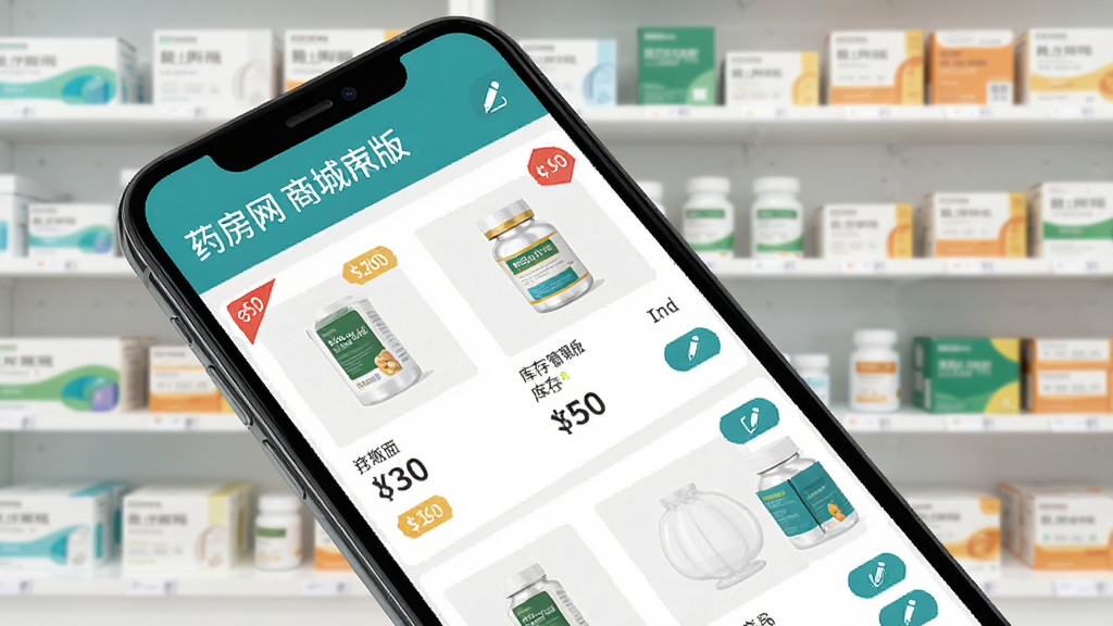 药房网商城商家版商品管理界面,画面展示手机屏幕中商品列表和库存数字,背景为药房货架和药品包装盒,布局为对角线构图,风格为扁平化设计,细节包括商品图片、价格标签、库存数量角标、编辑按钮,画质高清,干净,无多余元素