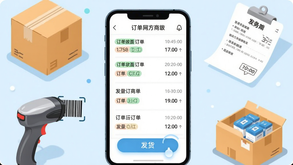 药房网商城商家版订单管理功能界面,画面主体为手机屏幕特写,屏幕中显示订单列表和发货按钮,周围环绕着快递盒、扫码枪、发货单等元素,布局为居中构图,风格为明亮清新的商务插画风,细节包括订单状态标签、时间戳、操作按钮的微交互效果,画质高清,干净,无多余元素