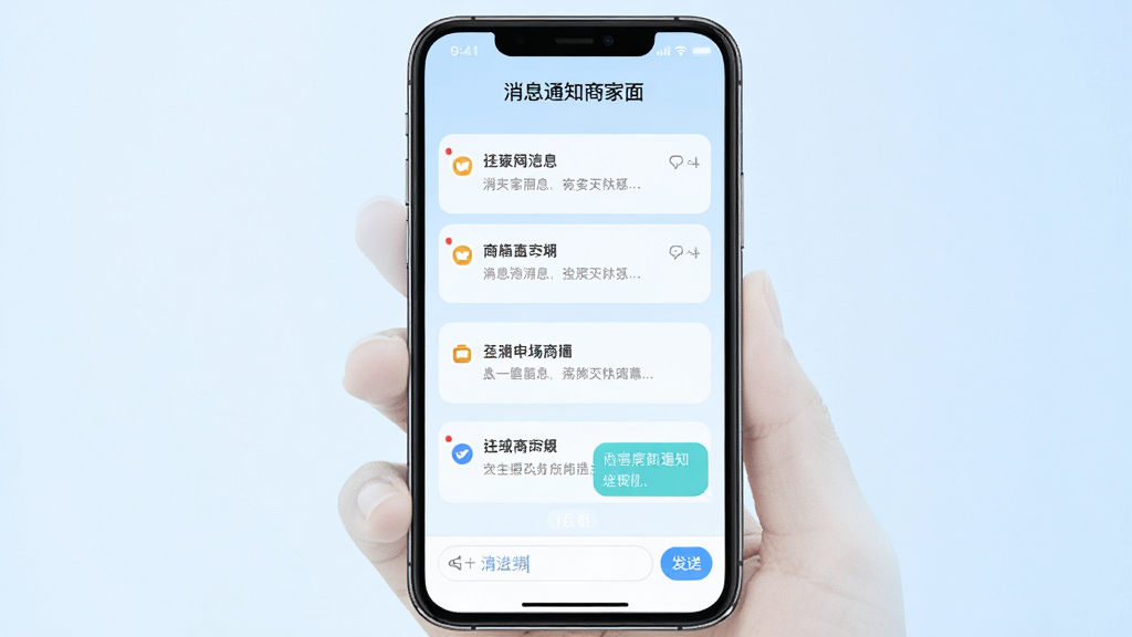 药房网商城商家版消息通知中心界面,画面为手机屏幕特写,屏幕中显示消息列表和聊天气泡,背景为柔和的浅蓝色渐变,布局为纵向构图,风格为清新简约的移动端UI风格,细节包括消息图标、未读红点、聊天输入框、发送按钮,画质高清,干净,无多余元素