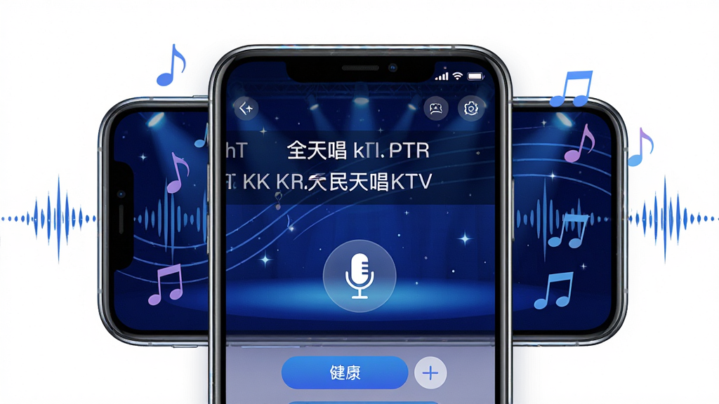 ��ͼչʾȫ�����쳪KTV�������棬����������һ�������ֻ����ֻ���Ļ����ʾKTV������棬�и�ʹ����������˷�ͼ�꣬����������ɫ�ǿ���̨Ч������Χ�����������������������ֲ��þ��й�ͼ�����Ϊ�ִ��Ƽ���UIչʾ��ϸ�����ֻ��߿��й����䣬���水ť�����ɼ������ʸ��壬�ɾ����޶���Ԫ��