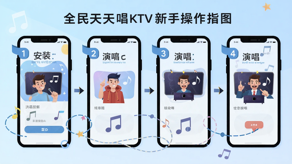ȫ�����쳪KTV���ֲ���ָ��ͼ��������չʾ�ֻ���Ļ�Ӱ�װ���ݳ����ĸ���������ͼ������Ϊ�������е��ĸ��ֻ���������ͼ�����Ϊ��ƽ���̳̲�ͼ��ϸ����ÿ���������������źͼ�����ֱ�ע��������ǳ��ɫ���䣬�����������ɾ����޶���Ԫ��